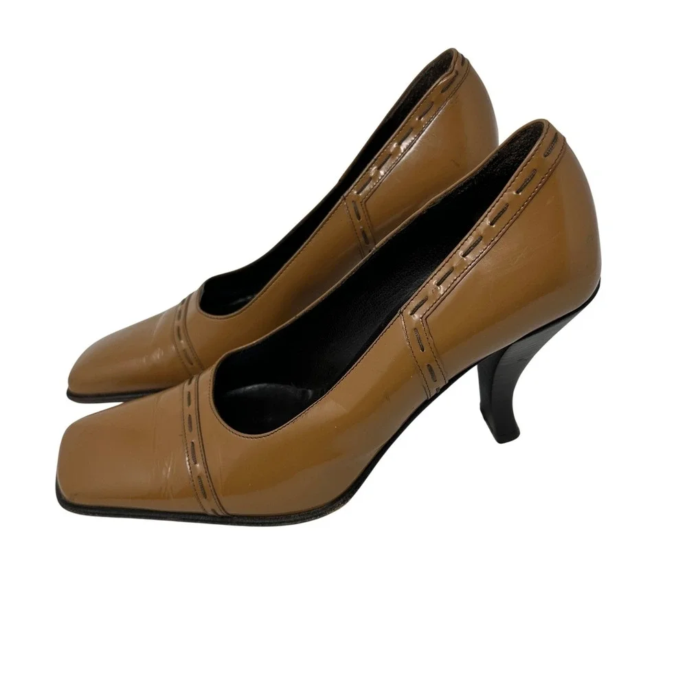 FABI Square Toe Pumps Womens 38 Tan Patent Leather Made in Italy Fair Whipstitch